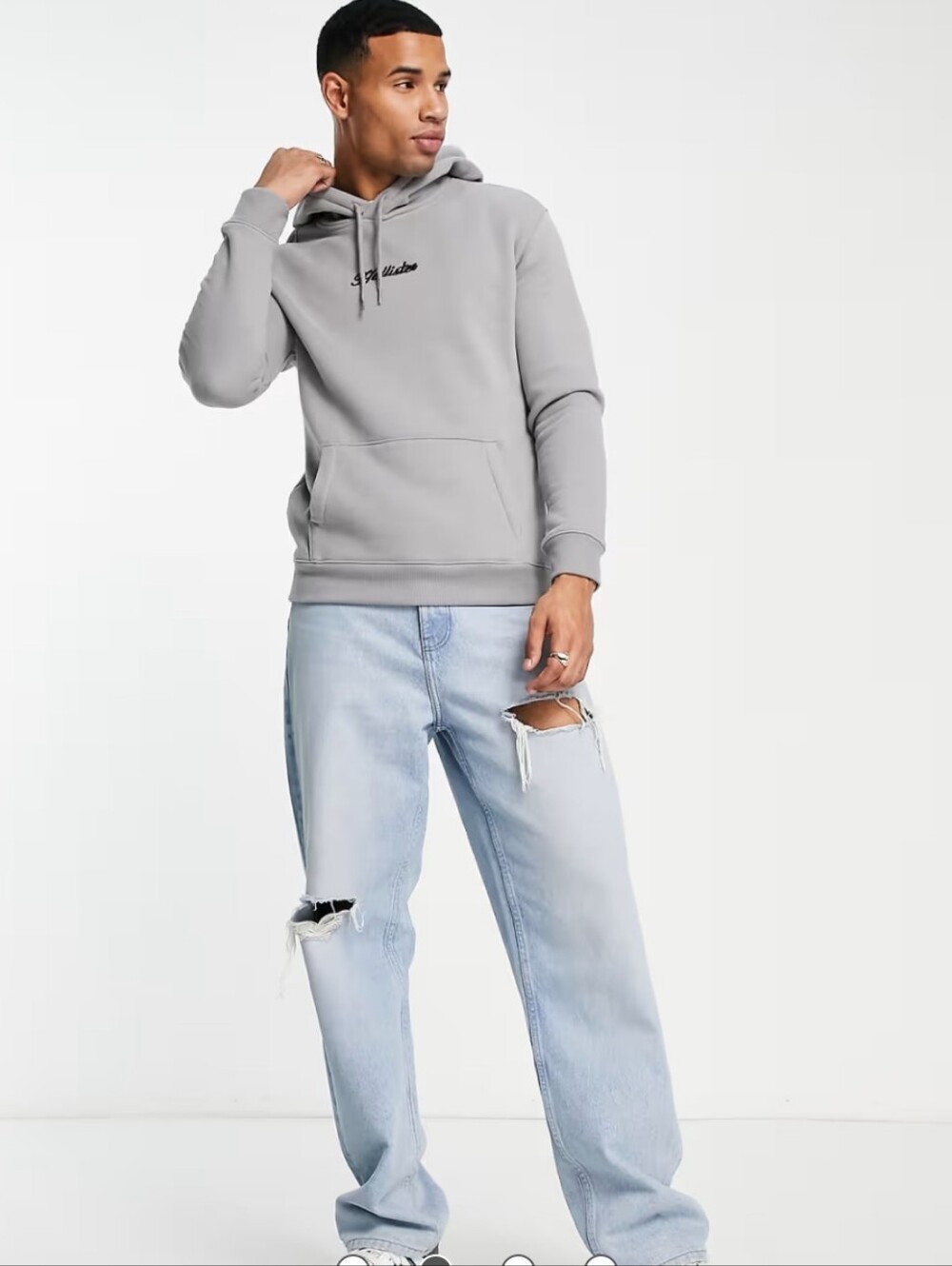 Hollister Signature Script Logo Pullover Hoodie In Grey Size L